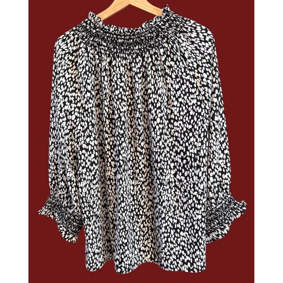 NWOT Talbots Black White Smocked Long Sleeve Blouse 2X - Picture 5 of 6